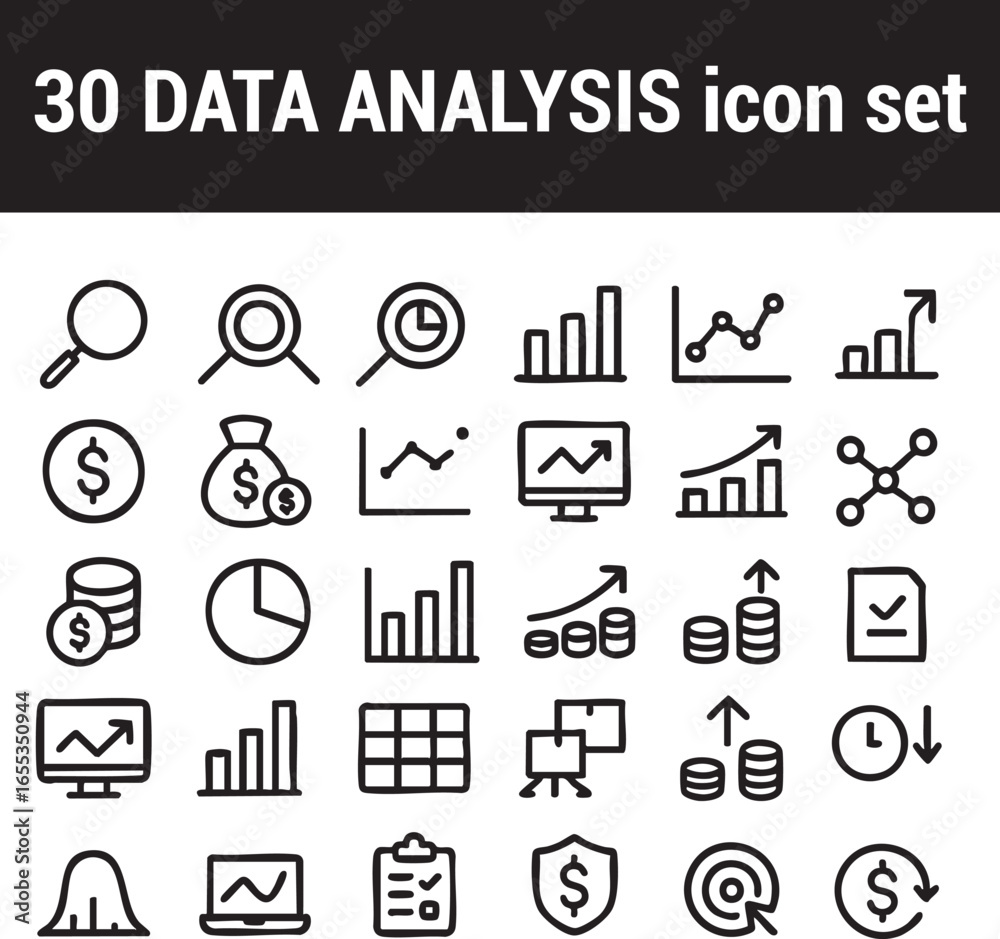 Fototapeta premium A collection of thirty data analysis icons including graphs charts and financial symbols in black and white