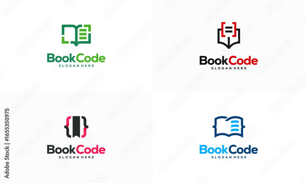 Fototapeta premium Set of Pixel Book Logo template designs, Coding book Logo designs vector illustration, Programmer logo