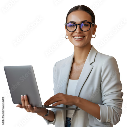 Professional woman with laptop smiling portrait business office worker businesswoman executive online work on transparent background