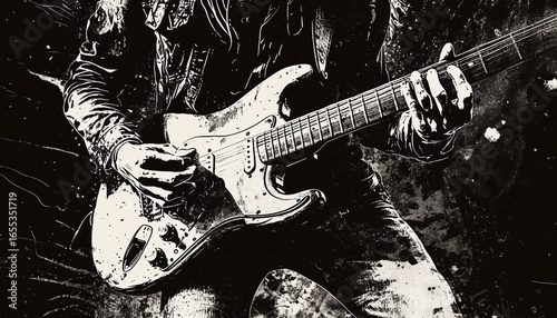 Monochrome Rockstar Musician Guitar And Drum In Mezzotint Photocopy Effect For Grunge Punk Y2k Collage: Guitarist Vocalist Retro Elements In Brutalist Vintage Music Poster