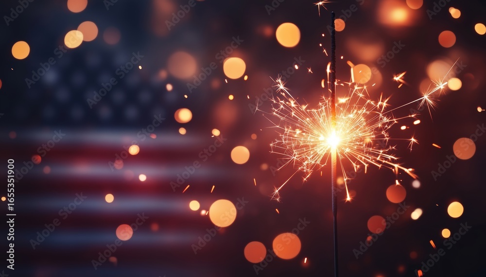 Obraz premium Abstract Defocused Lights On American Flag With Sparkler For 4th Of July Independence Day And Memorial Day Celebrations In The Usa.