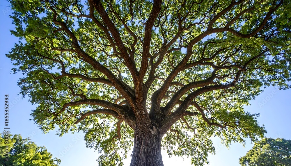 Obraz premium A magnificent, sprawling tree with lush foliage stretches towards the vibrant blue sky.