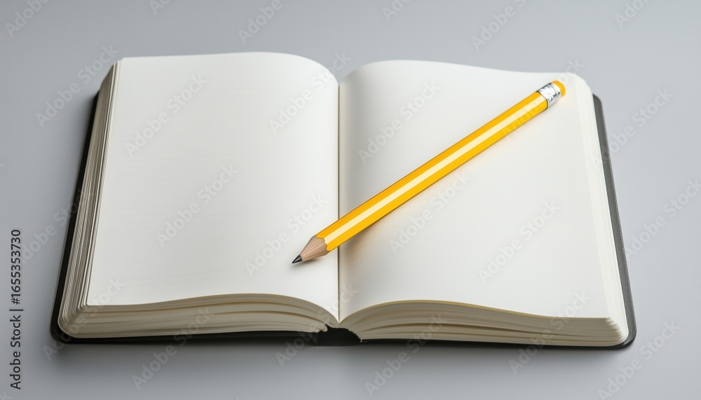 Fototapeta premium Yellow Pencil Resting On White Notebook: A Classic Writing Accessories Set For Creativity And Organization In Your Day-To-Day Life