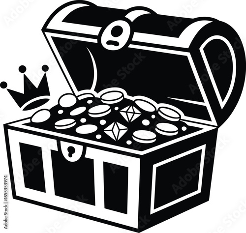 Treasure Chest Silhouette with Gold Coins and Gems – Pirate Loot Vector Illustration