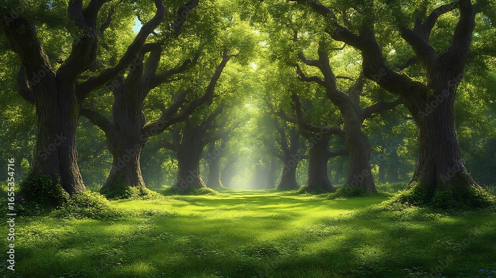 Naklejka premium Sunlight streams through a serene woodland path.