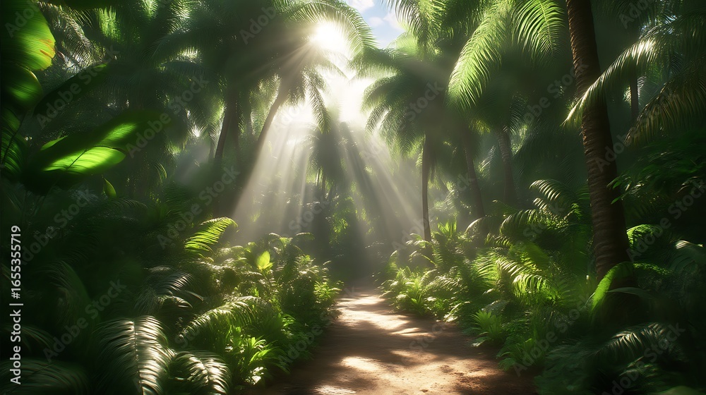 Obraz premium Sunlight streams through a lush tropical jungle path.