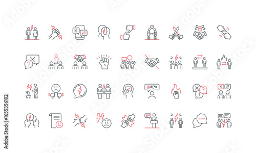 Conflict of interests and competition, mediation, misunderstanding line icon set. Couple and parent with child, online chat conflict, anger thin black and red outline symbols vector illustration
