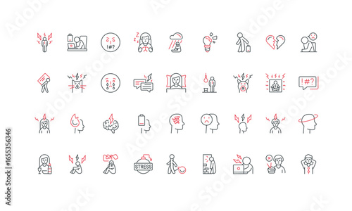 Stress, mental health crisis and psychological troubles, psychology line icon set. Loneliness and anxiety, aggressive behavior and suicide thin black and red outline symbols vector illustration