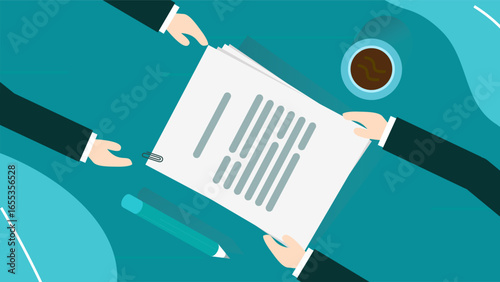 This top view shows a businessman holding a document handing over a job to a colleague. A table with a pen and a cup of coffee is visible.