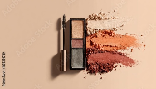 A three-shade eyeshadow palette and mascara lie on a neutral background, alongside smudged powder samples in coordinating earth tones