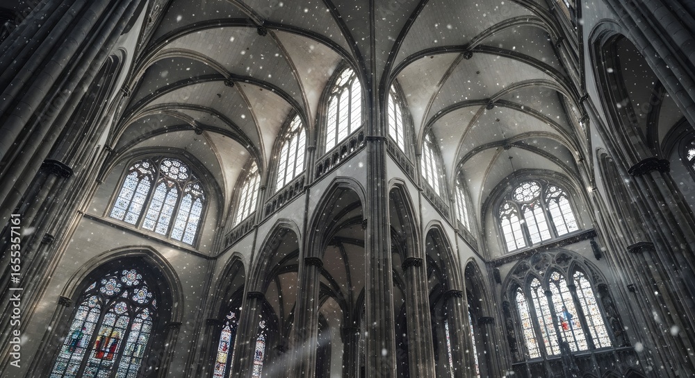 Obraz premium Gothic Church Interior with Snowfall and Light Beams