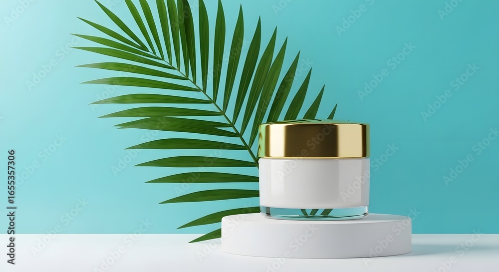 Fototapeta premium Recyclable Cosmetic Packaging on White Cube with Tropical Leaf