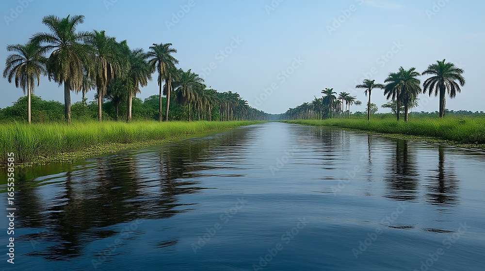 Obraz premium Calm waterway lined with palm trees.