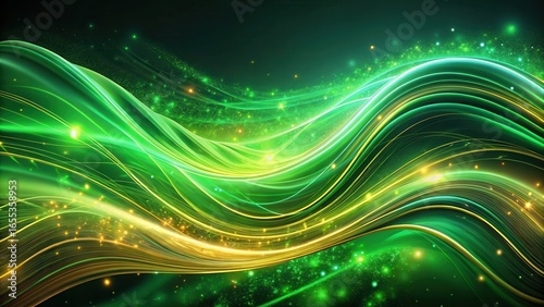 Abstract Green and Gold Energetic Wave Design with Sparkling Dust