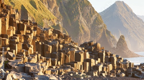 Basaltic columns line a coastal landscape.