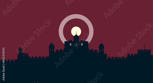 Fortress Silhouette at Twilight: An ancient fortress stands silhouetted against a dusky sky, with a glowing sun adding a mystical aura to the historic scene.