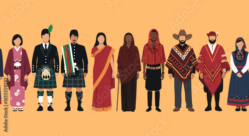 Diversity in Apparel: A vibrant gathering of people showcases an array of global fashion trends, emphasizing the beauty of ethnic diversity, culture, and unity through individual identities.