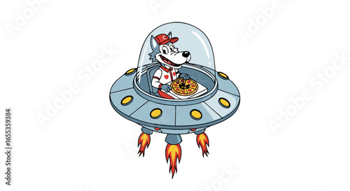 Extraterrestrial Canine Courier: A whimsical illustration of a cartoon wolf, donning a baseball cap and a pizza, zipping through the cosmos in a UFO.