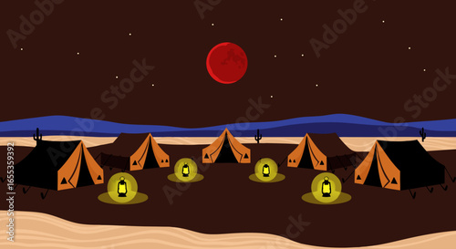 Campground Under Celestial Canopy: An inviting campground is illuminated under a vast night sky, with a vibrant celestial body as a centerpiece. The scene evokes a sense of wonder, adventure.