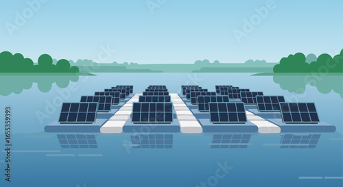 Floating Solar Panels: A serene image of a cluster of solar panels gracefully deployed atop the calm waters of a lake, with lush greenery hugging the distant shore.