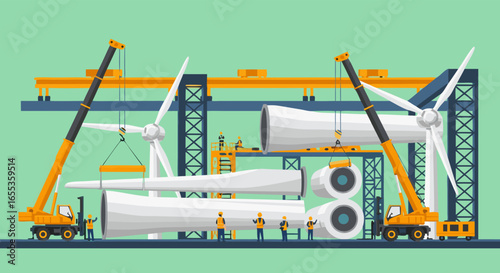 Wind Turbine Construction: Workers assemble wind turbine components with heavy machinery, symbolizing the innovation of renewable energy and green power