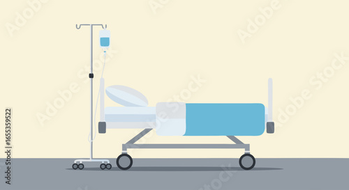 Hospital Bed with IV Drip: A meticulously crafted illustration portrays an unoccupied hospital bed with an IV drip stand, alluding to healthcare, treatment, and patient care, in a clean.