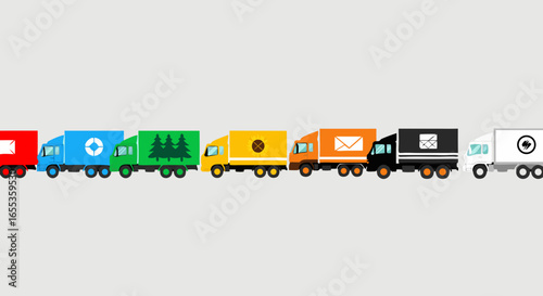 Delivery Fleet Array: A fleet of modern delivery trucks, each showcasing distinct branding designs, travel in a cohesive row, underscoring efficiency and coordination in transportation logistics.