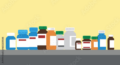 Medication Variety: A collection of medicine bottles stand side by side, each holding potent formulations, against a minimalist backdrop, portraying the essence of pharmaceuticals.