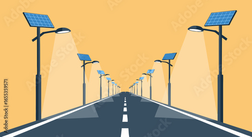 Eco-Friendly Street: An eco-friendly depiction of a road lined with solar-powered street lamps, illuminating a sustainable pathway for the future.