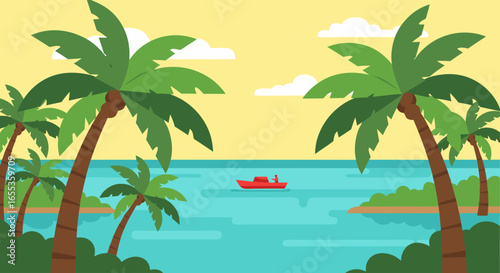 Tropical Paradise: A serene vista of a tropical paradise unfolds, with lush palm trees framing a tranquil ocean and a distant boat sailing under a gentle sky, evoking a sense of escape and relaxation.