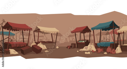 Deserted Marketplace Illustration: A desolate marketplace sits under a muted sky, stalls stand empty, their colorful canopies contrasting against the muted backdrop.