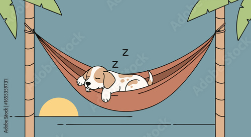 Sleepy Pup's Paradise: A charming illustration features a relaxed pup napping peacefully in a hammock strung between two palm trees near the ocean at sunset.