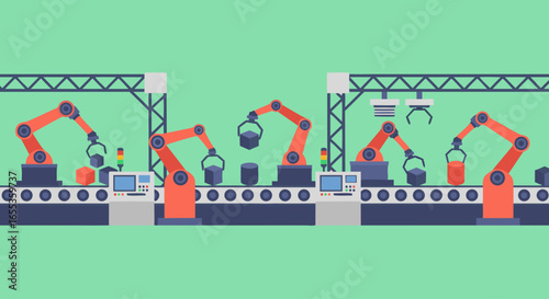 Automated Production Line: Illustration of Robotic arms working on an automated production line, showcasing Industry 4.0, efficiency, and technological advancement.