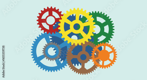 Interlocking Gears: A cluster of colorful, interlocked gears, symbolizing complex systems and intricate mechanisms, are artfully arranged against a light blue backdrop.