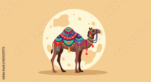 Camel Silhouette with Ornament: A majestic camel, adorned with vibrant, intricate decorations, stands poised against a serene backdrop, its silhouette a testament to the artistry of the scene.