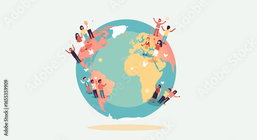 Global Community Harmony: An illustration of diverse individuals joyfully interacting around a stylized globe, representing unity, interconnectedness, and the beauty of a global community.