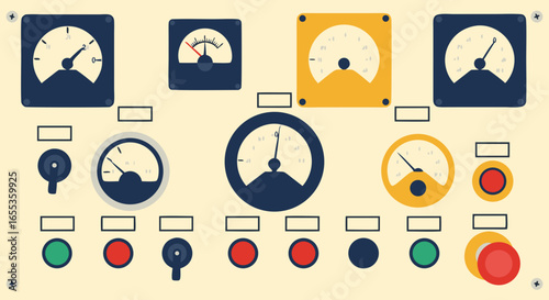 Control Panel Illustration: A close-up view of an illustrative control panel, featuring a variety of gauges, switches and buttons, designed to monitor and manage the operations of a system.