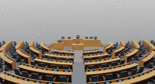 Assembly Hall of the Nation: A panoramic view of an empty assembly hall, showcasing the architectural design, featuring rows of desks arranged in semi-circular format.
