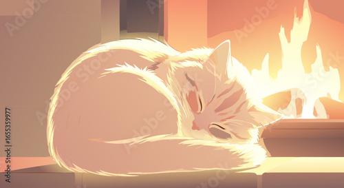 Cozy Cat's Repose: A serene image of a fluffy cat curled up in front of a warm fire, the flickering flames casting dancing shadows and a gentle glow.