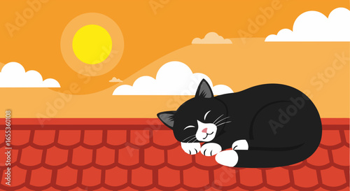 Sunshine Nap: A contented cat peacefully rests atop a vibrant roof with the warm glow of the sun, embodying tranquility and contentment