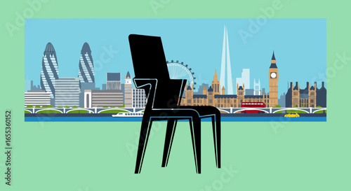 Modern Design in London: A sleek, contemporary chair silhouette stands proudly against the iconic skyline of London, a symbol of design and urban living.