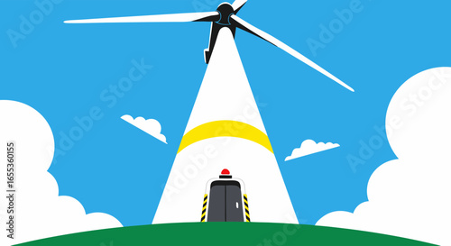 Wind Turbine Perspective: A modern and sustainable energy source, a wind turbine stands tall, its blades spinning against a bright blue sky, embodying the future of clean power generation.