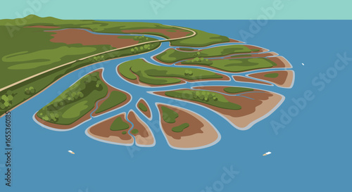 River Delta Ecosystem: An illustrated depiction of a river delta ecosystem where the river disperses into a vast network of channels before emptying into the sea.