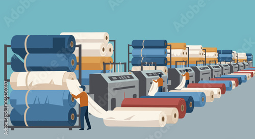 Textile Mill Production Line: The illustration showcases a modern textile mill, depicting workers handling fabric rolls, representing the industrial precision and efficiency of mass production.