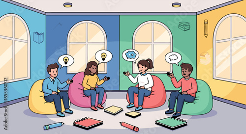 Brainstorming Group Illustration: A colorful illustration depicts a dynamic brainstorming session among a group of young individuals, seated in beanbag chairs.