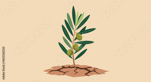 Olive Tree Resilience: A vibrant olive tree seedling, bearing fresh olives, emerges from parched, cracked earth, illustrating life's tenacious resilience and nature's enduring spirit.