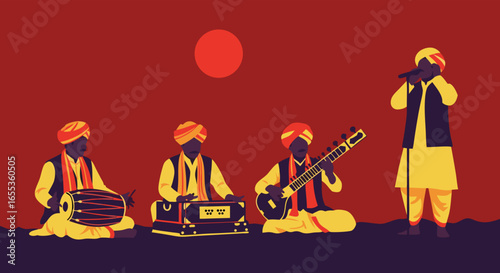 Melodious Ensemble: A vibrant artistic representation depicts a group of musicians deeply immersed in a lively performance.