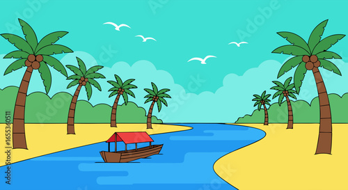 Tropical River Scene: Illustrated river scene featuring a scenic river with lush palm trees and a small boat under a vibrant blue sky. Evoking a sense of serenity and tranquility.