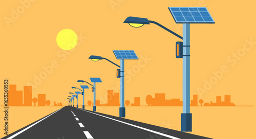 Eco-Friendly Illumination: A scenic pathway of solar-powered streetlights against an abstract city skyline, reflecting the energy of tomorrow's sustainable urban design
