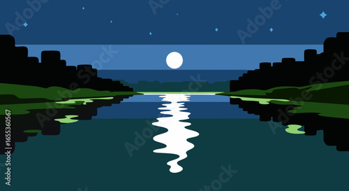 Nighttime Serenity: An abstract illustration of a serene night scene, featuring a full moon casting its gentle light upon tranquil waters.
